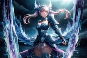 GFX wallpaper featuring Noelle Silva as a Valkyrie, with twintailed silver hair and shimmering water armor that appears both solid and liquid. The scene is illuminated by a radiant sword in her hand, casting light across the battlefield. Her wings, crafted from water, sparkle as if catching the light of a distant sun, and her purple eyes glow intensely. Water splashes around her armor, and energy beams shoot through the background. Her armored dress is detailed with intricate runes and silver accents, all glimmering as if imbued with magic. The background shows crashing waves, with water particles frozen mid-air, glowing in vibrant blue, violet, and white hues., glowing eyes