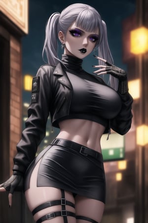 ((best quality)), ((highly detailed)), masterpiece, ((official art)), detailed face, beautiful face, (detailed eyes, deep eyes), seductive posing, (cowboy shot),noelle_silva,silver hair,twintails,bangs,purple eyes,  (sexy:1.3),   (makeup, black lips:1.3),( pale white skin, very white skin, goth, long eyelashes), medium to big breasts, black gloves, black jacket:1.2, black skirt:1.2, black belt ,closed mouth, cowboy shot, ((turtleneck, black crop top)), hoop earrings, fingerless gloves, gloves, highres, black leather jacket, jewelry, , midriff, miniskirt, navel, pencil skirt, skirt, solo, standing, stomach, striped, striped bow, thigh strap, city street, nighttime, intricately detailed, hyperdetailed, blurry background, depth of field, best quality, masterpiece, intricate details, tonemapping, sharp focus, hyper detailed, trending on Artstation, 1 girl, high res, official art