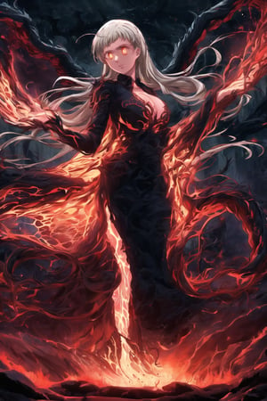 A masterpiece of dark fantasy: elizabeth, malevolent demon, lips curled into an evil smile, long flowing white hair cascading down her back like a fiery waterfall. Her delicate ahoge and intricate black gown billow softly as she floats amidst hell's fiery depths. Black wings spread wide behind her, emitting a darkness-infused light that adds to her ominous presence. Red eyes gleam with malevolent intent as she stands poised, arms outstretched in a violent welcome. Softly glowing fire illuminates her figure, while rays of dark light pierce the heavens above, casting an eerie glow on Rias' demonic form. The hellish landscape before her is bathed in red hues, as if infernal flames are breaking through to create this haunting atmosphere.