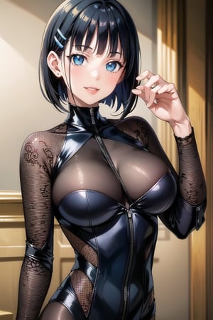 (best quality), (highly detailed), masterpiece, (official art), suguha, short hair, black hair, bob cut, hairclip, hair ornament, blunt bangs, lips, smile, pose, ((bodysuit)),  (intricately detailed, hyperdetailed), blurry background,depth of field, best quality, masterpiece, intricate details, tonemapping, sharp focus, hyper detailed, trending on Artstation,1 girl, solo,high res,official art