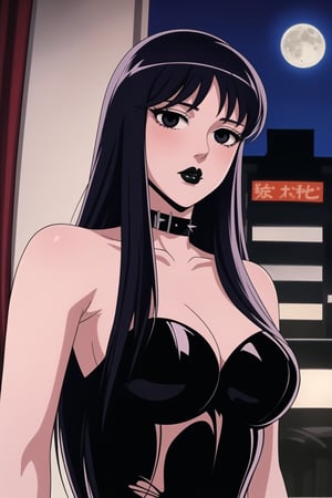 ((best quality)),  ((highly detailed)),  masterpiece,  ((official art)),(Saori Kido, Saori, long hair, black hair:1.3),((black eyes, empty eyes,expressionless,hypnosis)),(((white skin))) ,((makeup,lipstick, black lips:1.2)),absurdres, (spiked collar:1.2),  coyboy shot:1.3, thighhighs, lips,  blush,  (black latex:1.3),  black dress:1.2,  miniskirt  ((bodyconf)),  bare shoulders,  (( strapless)),  large breast,  looking at viewer,  street,  city,  nigth,  moon,  club,  (nigth club),  , hd quality,  perfect face , realistic,  realistic body,  perfect face sync,  , b1mb0,,,black lips,Saori Kido