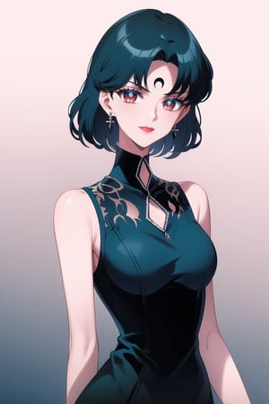 evil smile, red eyes, jewelry,  earrings, makeup, facial mark, lipstick,  forehead mark, crescent facial mark, crystal earrings,crescent, mer1, short hair, blue hair
(best quality), (highly detailed), masterpiece, (official art), A dark and mysterious female character inspired by classic anime style, with a gothic yet elegant appearance.  Her eyes are a striking, deep purple, matching the darker tones in her hair. She has a cold, expressionless face with pale skin and dark, bold lips, giving her a commanding and intimidating presence. She wears a form-fitting, sleeveless, dark blue dress that accentuates her figure. The dress has a high collar and an intricate, layered design with pointed edges at the hem. A series of pearl chains drape gracefully over her shoulders, adding a touch of sophistication and luxury to her outfit. The pearls contrast against the dark tones of her attire, drawing attention to her upper body. Her accessories include dangling pearl earrings that match the chains on her dress, enhancing her overall aristocratic and refined appearance. The background is kept simple to focus on the character, highlighting her gothic elegance and the intricate details of her attire. The overall atmosphere is dark and mysterious, with a sense of power and control emanating from her poised stance.