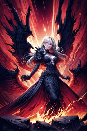 Elizabeth, white hair,hair_over_eye ,lips, ruler of hell, black wings,darkness wings,wings,demon wings,stands as a malevolent dictator, her long hair flowing like darkness itself, gradient from white to dark, framing her cold gaze. Her elaborate gown, adorned with sinister symbols and glowing red accents, reflects her dominance and cruelty. The background features a hellish landscape: rivers of lava, jagged rocks, tormented souls, and dark clouds with lightning. Eerie, red and black glows illuminate the scene, capturing the dark and oppressive atmosphere of her dominion.,shadow