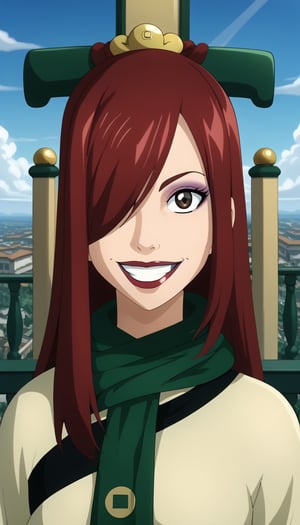 score_9, score_8_up, score_7_up, intricate details,1girl, joo dee, 1girl, solo, smile, erza, long hair, red hair ,brown eyes ,hair over one eye,, outdoors, dress, sky, day, cloud,scarf, hair ornament, ,indoors,joo dee, dress,  hair ornament, smile, hair ornament, dress, grin, makeup, lipstick, eyeshadow, hair ornament joo dee,  full body, cowboy shot:1.3, hands in opposite sleeves, green scarf,long dress,scarf,