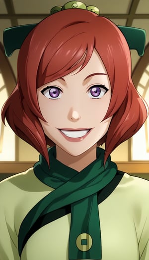 score_9, score_8_up, score_7_up, intricate details,1girl, lovelive_maki, nishikino maki, red hair, short hair, indoors,joo dee, dress, scarf, hair ornament, grin, smile, lips,((joo dee, green dress, green scarf, green hair ornament)).