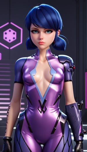 score_9, score_8_up, score_7_up,marinetteBug, blue hair, standing, lips ,standing, revealing chest,  black gloves,  advanced combat suit,  futuristic sniper,metallic purple suit, torso exposed,, black gloves, high-tech bodysuit,widowsuit, tattoo, arm tattoo