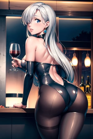 elizabeth, long hair, blue eyes, white hair, hair over one eye, single earring,  lips,  (slender body:1.2), perfect face, perfect skin, pantyhose, lace bodysuit, lace top stockings,  sitting on bar stool, holding a glass of red wine, in night club, neon lights, from behind,