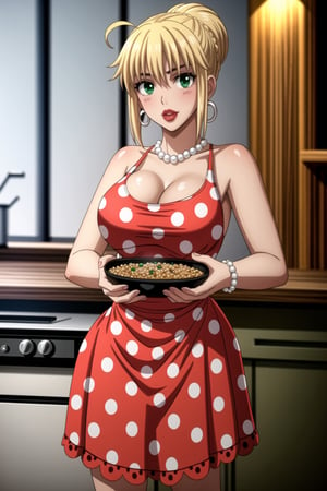 ((best quality)),  ((highly detailed)),  masterpiece,1girl, 1girl,  seductive smile, solo,   (Stepford),lips, makeup, lipstick,red lips, (pose),(polka dot:1.4), (polka dot dress:1.4),(pearl necklace:1.2), pearl bracelet, bare shoulders,(red dress:1.2),aroused, blush ,standing,  (large pearl necklace), (hoop earrings:1.2), looking at viewer, standing, cowboy shot, kitchen, cooking, indoors, house, windows, cortain, food,artoria pendragon, artoria pendragon \(fate\), saber, blonde hair, (green eyes:1.5), ahoge, sidelocks, hair bun, single hair bun, braid,b1mb0,<lora:659111690174031528:1.0>