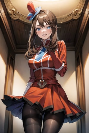 (best quality), (highly detailed), masterpiece, (official art), skyla, hair ornament, sidelocks, large breasts, long hair, one side up, short hair with long locks, brown hair, blue eyes, (team flare:1.2), gloves,juliet_sleeves, long_sleeves , pleated skirt, thighhighs, hat, thigh boots, dress, belt, red dress, pantyhose, (lips:1.2), grin, smirk, (seductive pose:1.2), cowboy shot, looking at viewer, indoors, blurry background,depth of field, best quality, masterpiece, intricate details, tonemapping, sharp focus, hyper detailed, trending on Artstation,