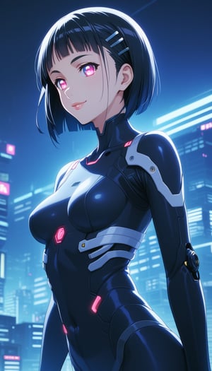 score_9, score_8_up, score_7_up, intricate details, suguha, short hair, black hair, bob cut, hairclip, hair ornament, blunt bangs, lips, smile, pose, bodysuit, cowboy shot, angle, femobt,Remodeling, pink eyes, blue eyes, glowing eyes, android, barcode,blue lips,,StandingAtAttention,cyberpunk,cyborg style