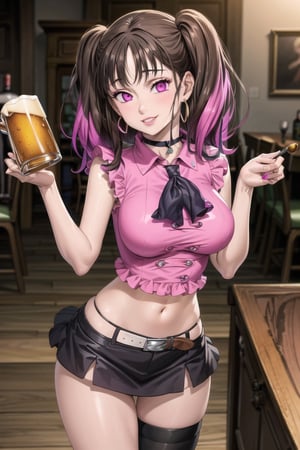 ((best quality)), ((highly detailed)), masterpiece, ((official art)),( diane, twintails),(black hair:1.3), (pink hair:1.3), (multicolored hair:1.4), (gradient hair:1.3)  (seductive smile:1.2), (makeup:1.2), (choker:1.2), (hoop earrings),  (lips:1.3),  (pink lips:1.3),   (seductive pose:1.3), bar, indoors, beer mug, table, chair, large breasts, ((pink shirt:1.2)), navel, belt, (black skirt), miniskirt, (single thighhigh), intricately detailed, hyperdetailed, blurry background, depth of field, best quality, masterpiece, intricate details, tonemapping, sharp focus, hyper detailed, trending on Artstation, 1 girl, high res, official art 