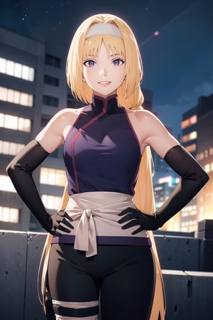 (best quality), (highly detailed), masterpiece, (official art),sumire kakei, posing, hand on hip, lips, (blonde hair), smile, long hair, ninja, elbow gloves, bandages, black pants, upper body, looking at viewer, city, night, sky, (intricately detailed, hyperdetailed), blurry background,depth of field, best quality, masterpiece, intricate details, tonemapping, sharp focus, hyper detailed, trending on Artstation,1 girl, high res, official art,b1mb0