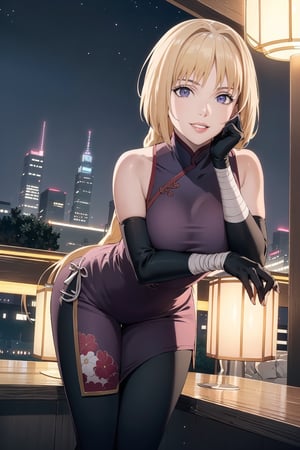 (best quality), (highly detailed), masterpiece, (official art),sumire kakei, posing, leaning_forward, lips, (blonde hair), smile, long hair, (( ninja,  chinese dress)), elbow gloves, bandages, black pants, looking at viewer, city, night, sky, (intricately detailed, hyperdetailed), blurry background,depth of field, best quality, masterpiece, intricate details, tonemapping, sharp focus, hyper detailed, trending on Artstation,1 girl, high res, official art,b1mb0
