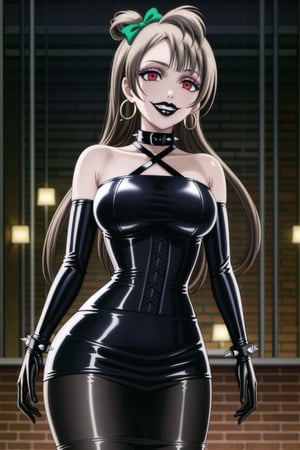 ((best quality)),  ((highly detailed)),  masterpiece,(Black lips:1.4), (white skin:1.4), ((official art)),  detailed face,  beautiful face, (cross-laced clothes:1.3), narrow_waist:1.3, dominatrix:1.4 , (intricate Black dress:1.4), (detailed eyes,  deep eyes),science fiction, cyberpunk:1.3, street,  pose:1.3, s,((smirk, grin, naughty face, seductive smile, smug)) ,cowboy shot,(lips), minami kotori, long hair,  bangs, hair bow, green bow, (red eyes:1.3),   (spiked bracelet), corset:1.4, (black hoop earring:1.3), curvaceous, voluptuous body, (makeup:1.5) (lips:1.3), (latex:1.3),  (black tube top:1.2), gloves,(elbow gloves:1.2), skirt, black choker, pencil skirt, pantyhose, miniskirt, (black skirt), black gloves, black legwear, large breasts:1.2, (intricately detailed, hyperdetailed), blurry background, depth of field, best quality, masterpiece, intricate details, tonemapping, sharp focus, hyper detailed, trending on Artstation, 1 girl, solo, high res, official art,,<lora:659111690174031528:1.0>