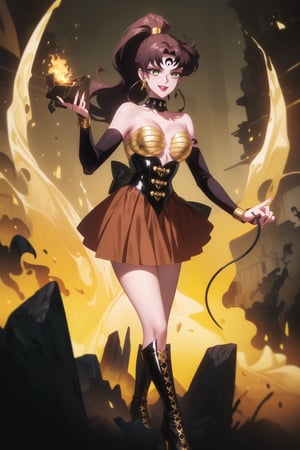 (best quality), (highly detailed), masterpiece, (official art), hmjupiter, green eyes, ponytail, brown hair, makeup, ((forehead mark, crescent facial mark, black crystal earrings)), aged up, evil smile, lips, lipstick, posing, anime coloring, ((Brunette Wig, Gold Bow, Black Crystal Earrings, Black Marker for Crescent, Gold Bustier, Gold Wrist Cuffs, Red Pleated Skirt, Gold Boots, Whip)), , A dark and mysterious female character inspired by the style of classic anime. She has an evil face with an evil smile, giving her an imposing and intimidating presence. The overall atmosphere is dark and mysterious, with a sense of power and control emanating from her posture.