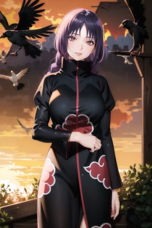 anime, hdr, soft light, ((best quality)), ((masterpiece)), (detailed),  sumire kakei, single braid, purple hair, puple eyes, makeup, head tilt, smile, (lips), (akatsuki outfit:1.1), (puffy_sleeves:1.2), ((juliet_sleeves)),large breast, high neck, high_collar, black dress, long sleeves, looking at viewer, village, (((crows))),sunset, rain, water drop, cloud, nature, ,akatsuki outfit, bird, crow, eagle, black feathers, sunset, orange sky, outdoors, fantasy00d,