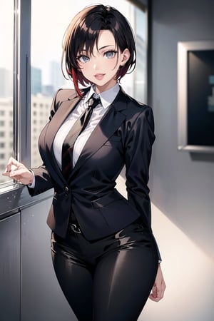 (best quality), (highly detailed), masterpiece, (official art), ruby rose,  lips, smile, necktie,  black jacket,(black suit), open suit, long sleeves, shirt tucked in,looking at viewer, shirt, black necktie, white shirt, medium breasts,window, formal, office lady,pants, black pants, black belt, business suit, suit,  (intricately detailed, hyperdetailed), blurry background,depth of field, best quality, masterpiece, intricate details, tonemapping, sharp focus, hyper detailed, trending on Artstation,1 girl, solo,high res,official art,b1mb0