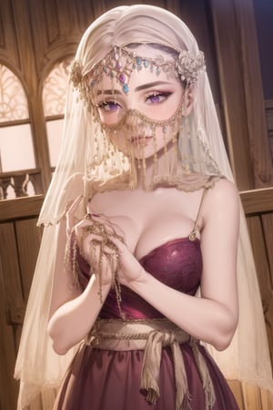 ((best quality)), ((highly detailed)), masterpiece, ((official art)), detailed face, beautiful face, (detailed eyes, deep eyes), seductive posing, (cowboy shot),diane, long hair, brown hair, purple eyes, empty eyes:1.2,,((veil, transparent,mask Veil,Veil)) v3il, face veil, (forehead jewel opal), crystal head veil, (cowboy shot), eyeliner, eyeshadow, makeup, ,ethereal nightgown, (sash), (cowboy shot), grand hall, . shallow depth of field, vignette, highly detailed, high budget, bokeh, cinemascope, moody, epic, gorgeous, film grain, grainy,jyojifuku