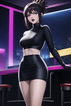 (best quality), (highly detailed), masterpiece, (official art),  kohaku, black hair:1.4, blue eyes, hair ornament, ponytail, solo,  lips:1.2, black lips:1.4, lipstick:1.2, skirt, black turtleneck shirt, black shirt, latex:1.2, gloves, pencil_skirt, shirt, black gloves, standing, looking at viewer, breasts, black skirt, looking at viewer, (/nightclub scene, neon lights), , club, (nigth club), ,hd quality, perfect face ,realistic, realistic body , perfect face sync,night club,StandingAtAttention,marinette,night club,b1mb0, 