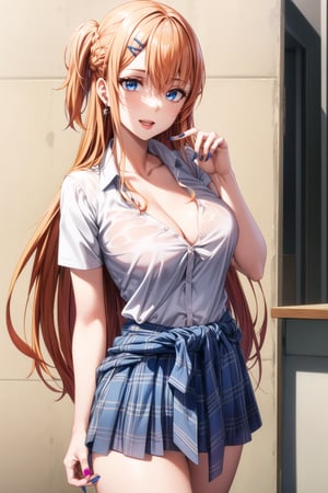 ((best quality)), ((highly detailed)), masterpiece, ((official art)), detailed face, beautiful face, (detailed eyes, deep eyes), seductive posing, (cowboy shot),asuna yuuki, long hair, brown eyes, orange hair, red hair, purple lips:1.2, 1girl, blonde hair, multicolored hair, bangs, one side up, long hair, blue eyes, hairclip, jewelry, earrings, medium breasts, gyaru, cleavage, collarbone, school uniform, white shirt, short sleeves, bow, blue skirt, plaid skirt, sweater around waist, nail polish, blue nails, laughing, looking at viewer