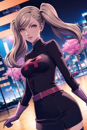 (best quality), (highly detailed), masterpiece, (official art), (dutch angle:1.2),(1girl, hair ornament, solo, hairclip, blonde hair, bangs, twintails), red eyes, lips, ( evil smile), lips, poke ball, poke ball (basic), holding poke ball, Grunt Team Rocket, dress, black dress, long sleeves, gloves, elbow gloves, grey belt,pencil skirt, Black thighhighs , looking at viewer, china, asiática, city, night, sky, (intricately detailed, hyperdetailed), blurry background,depth of field, best quality, masterpiece, intricate details, tonemapping, sharp focus, hyper detailed, trending on Artstation,1 girl, high res, official art,niijimamakoto