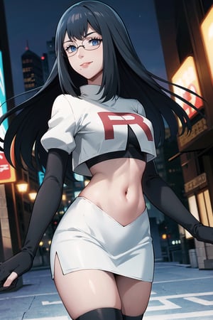(best quality), (highly detailed), masterpiece, (official art), lolopechka, (black hair), bangs, long hair, glasses, posing, lips, ( evil smile), , Team Rocket, cropped jacket, white jacket, crop top, jacket, gloves, black gloves, elbow gloves, navel, midriff, white skirt, miniskirt, skirt, thighhighs,, looking at viewer, china, asiática, city, night, sky, (intricately detailed, hyperdetailed), blurry background,depth of field, best quality, masterpiece, intricate details, tonemapping, sharp focus, hyper detailed, trending on Artstation,1 girl, high res, official art