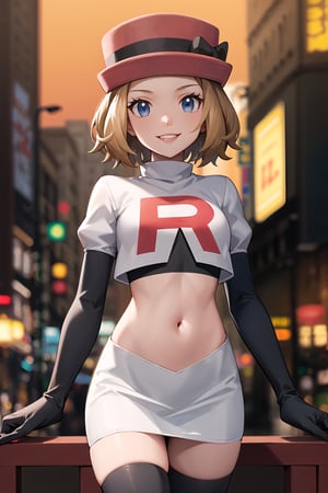 (best quality), (highly detailed), masterpiece, (official art), serena, red hat, short hair, Brown hair, poke ball, poke ball (basic), holding poke ball, posing, lips,( evil smile), Team Rocket, cropped jacket, white jacket, crop top, jacket, gloves, black gloves, elbow gloves, navel, midriff, white skirt, miniskirt, skirt, thighhighs,, looking at viewer, china, asiática, city, night, sky, (intricately detailed, hyperdetailed), blurry background,depth of field, best quality, masterpiece, intricate details, tonemapping, sharp focus, hyper detailed, trending on Artstation,1 girl, high res, official art