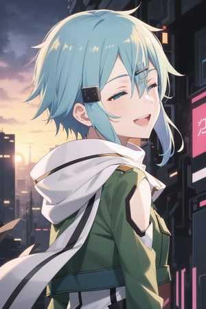 (best quality), (highly detailed), masterpiece, (official art), ((sinon1, cyberpunk, hair ornament, hairclip)), 1girl, upper body, bangs, blue eyes, blue hair, blurry, blurry background, fingerless gloves, green jacket, hair between eyes, hair ornament, hairclip, highres, jacket, long sleeves, outdoors, scarf, short hair, short hair with long locks, sidelocks, sinon, solo, sunset, sword art online, turning head:1.2,(( looking sides, closed partially eyes)), blue eyes, smiling, open mouth