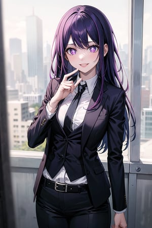 (best quality), (highly detailed), masterpiece, (official art), HOSHINO AI, lips, smile, top jacket:1.3,black pants, belt,,necktie,  black jacket,(black suit), long sleeves, shirt tucked in,looking at viewer, shirt, black necktie, white shirt, medium breasts,window, formal, office lady,pants, business suit, suit,  (intricately detailed, hyperdetailed), blurry background,depth of field, best quality, masterpiece, intricate details, tonemapping, sharp focus, hyper detailed, trending on Artstation,1 girl, solo,high res,official art,HOSHINO AI