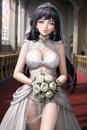 ((best quality)), ((highly detailed)), masterpiece, ((official art)), detailed face, beautiful face, (detailed eyes, deep eyes), seductive posing, (cowboy shot), Himawari, blunt bangs, facial mark, black hair,expressionless, empty eyes:1.2, red eyes:1.4, (masterpiece, high quality:1.5), (8K, HDR), (bride:1.3),
1girl, solo, looking at viewer,  pronounced  long faded eyebrows, soft makeup, gradient lips, hourglass figure, long fingers,  realistic illustration, (soothing tones: 1.3), (super detailed: 1.2), aabelfast, french braid, tiara, bridal veil, earrings, , (sexy lace wedding dress:1.3), white gloves, bridal bouquet, church, standing, cowboy shot,  ,Mogyutto Maid,Himawari,empty eyes