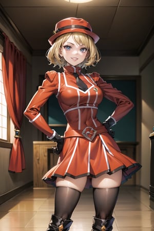 (best quality), (highly detailed), masterpiece, (official art),serena, hat, red hat , short hair, (team flare:1.2), gloves, hand on hip, thighhighs, hat, thigh boots, dress, belt, red dress, pantyhose, (lips), grin, smirk, hand on hip, cowboy shot, looking at viewer, indoors, blurry background,depth of field, best quality, masterpiece, intricate details, tonemapping, sharp focus, hyper detailed, trending on Artstation,