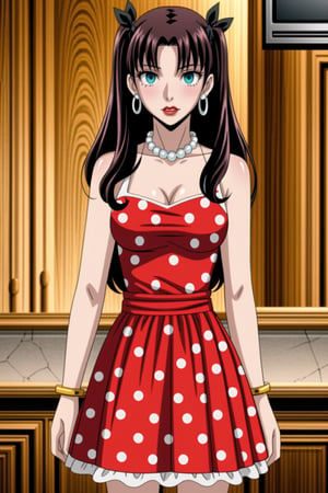 ((best quality)),  ((highly detailed)),  masterpiece,1girl, 1girl,  seductive smile, solo,   (Stepford),lips, makeup, lipstick,red lips, (pose),(polka dot:1.4), (polka dot dress:1.4),(pearl necklace:1.2), pearl bracelet, bare shoulders,(red dress:1.2),aroused, blush ,standing,  (large pearl necklace), (hoop earrings:1.2), looking at viewer, standing, cowboy shot, kitchen, cooking, indoors, house, windows, cortain, food,rin tohsaka, aqua eyes, black hair, hair ribbon, long hair, ribbon, sidelocks, two side up, (parted bangs:1.2),StandingAtAttention,<lora:659111690174031528:1.0>