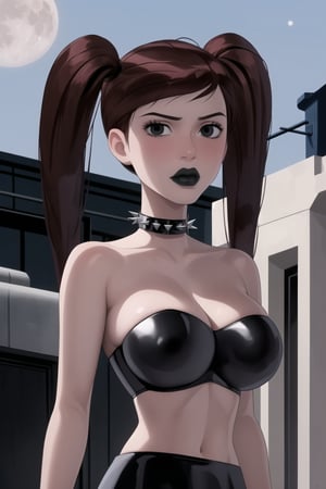 ((best quality)),  ((highly detailed)),  masterpiece,  ((official art)),(gwentennyson, (((twintails))), black hair:1.3),((black eyes, empty eyes,expressionless,hypnosis)), ((makeup,lipstick, black lips:1.2)),absurdres, (spiked collar:1.2),  dutch angle, coyboy shot, lips,  blush,  (black latex:1.3),  black dress:1.2,  miniskirt  ((bodyconf)),  bare shoulders,  ((tube top, navel, strapless)),  large breast,  looking at viewer,  street,  city,  nigth,  moon,  club,  (nigth club),  , hd quality,  perfect face , realistic,  realistic body,  perfect face sync,  , b1mb0,,,black lips