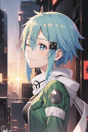 (best quality), (highly detailed), masterpiece, (official art), ((sinon1, cyberpunk, hair ornament, hairclip)), 1girl, upper body, bangs, blue eyes, blue hair, blurry, blurry background, fingerless gloves, green jacket, hair between eyes, hair ornament, hairclip, highres, jacket, long sleeves, outdoors, scarf, short hair, short hair with long locks, sidelocks, signature, sinon, solo, sunset, sword art online, turning head:1.2,(( looking sides, closed partially eyes)), blue eyes, smiling,