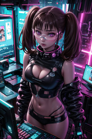 masterpiece,best quality,highres,ultra-detailed,diane, ((twintails)), purple eyes, brown hair, bangs,  ((hacker)), ,fishnets ,computer, monitor, wive, cable,(( cyberpunk)), indoors, neon nigth, jacket, ((Cyborg)), ((star wars)), chip, cyberpunk, collar, confident and curious gaze, futuristic cyberpunk hacker attire, high-tech bodysuit with glowing circuitry patterns, standing,fingerless gloves and augmented reality glasses, underground hacker den, surrounded by screens displaying code and data, typing rapidly on a holographic keyboard, exuding intelligence and tech-savviness, cyberpunk and gritty atmosphere, dark color palette with neon highlights,((cyberpunk glasses)), 