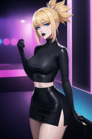 (best quality), (highly detailed), masterpiece, (official art),  kohaku, blonde hair, blue eyes, hair ornament, ponytail, solo,  lips:1.2, black lips:1.4, lipstick:1.2, skirt, black turtleneck shirt, black shirt, latex:1.2, gloves, pencil_skirt, shirt, black gloves, standing, looking at viewer, breasts, black skirt, looking at viewer, (/nightclub scene, neon lights), , club, (nigth club), ,hd quality, perfect face ,realistic, realistic body , perfect face sync,night club,StandingAtAttention,marinette,night club,b1mb0, 