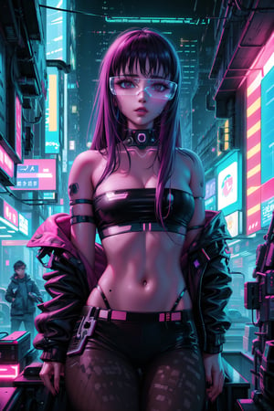 masterpiece,best quality,highres,ultra-detailed,purple hair, long hair, Saori, ((hacker)), ((black tube top,navel)),fishnets ,computer, monitor, wive, cable,(( cyberpunk)), indoors, neon nigth, ((Cyborg)), ((star wars)), chip, cyberpunk, collar, jacket,((cyberpunk glasses)), confident and curious gaze, futuristic cyberpunk hacker attire, high-tech bodysuit with glowing circuitry patterns, fingerless gloves and augmented reality glasses, underground hacker den, surrounded by screens displaying code and data, typing rapidly on a holographic keyboard, exuding intelligence and tech-savviness, cyberpunk and gritty atmosphere, dark color palette with neon highlights