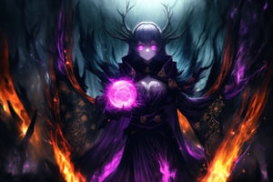 "Dark Sorceress noelle_silva Forbidden Power", noelle_silva, bangs, long silver hair, now twisted by dark magic, stands menacingly in her corrupted form. Her once-vibrant violet mage attire has transformed into a shadowy, tattered robe, pulsating with forbidden runes and dark flames. Her eyes glow with an ominous purple hue, and her expression is one of cruel dominance. In one hand, she clutches a cursed, blackened grimoire with glowing violet symbols that pulse with dark energy. Her other hand conjures an ominous ball of dark magic, swirling with shadowy tendrils and streaks of purple lightning.
The background is a dark, shattered void, filled with jagged cracks that leak sinister energy. Magic circles of forbidden glyphs spin around her, their deep purples and blacks contrasting against the darkened backdrop. Glistening, arcane chains twist and writhe in the air, like serpents of shadow, while forbidden runes and sigils shimmer in the darkness. Faint whispers of tortured souls emanate from the chaotic magical storm surrounding her. Streaks of corrupted purple flames and black smoke rise from the ground, engulfing the entire scene in a sense of forbidden power. Sharp, electric effects and glowing dark orbs hover in the air, as noelle_silva channels the full force of her dark sorcery. The entire image glows with an eerie, shadowy light, casting deep, high-contrast shadows, and creating a menacing, oppressive atmosphere.,