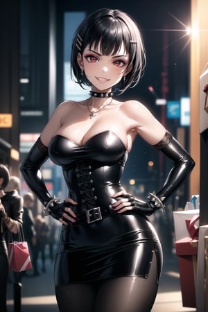 ((best quality)),  ((highly detailed)),  masterpiece,  ((official art)),  detailed face,  beautiful face,  (detailed eyes,  deep eyes),((extended_arm, presenting_gift, shopping_bag, gift_giving, front_view, gesture)),(science fiction, cyberpunk:1.2, street, shopping, dark background),((smirk, grin, naughty face, seductive smile, smug, arm behind head, hand_on_own_hip, head_tilt)),, ,cowboy shot,(lips), ,kirigaya suguha, blunt bangs, short bangs, black hair:1.3, short hair, hair ornament, hairclip,(red eyes),  cross-laced clothes, (spiked bracelet), necklace, corset, hoop earring, curvaceous, voluptuous body, (makeup:1.3) (lips:1.3), (latex),  (black strapless:1.2), gloves, fingerless gloves, skirt, black choker, belt, pencil skirt, pantyhose, miniskirt, (black skirt), black gloves, black legwear, black choker, medium breast, conspicuous elegance, snobby, upper class elitist, possesses an arroaant charm. her Dresence commands attention and enw, (intricately detailed, hyperdetailed), blurry background, depth of field, best quality, masterpiece, intricate details, tonemapping, sharp focus, hyper detailed, trending on Artstation, 1 girl, solo, high res, official art