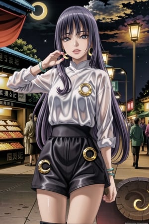 ((best quality)),  ((highly detailed)),  masterpiece,  ((official art)),  detailed face,  beautiful face ,(lips) , (detailed eyes,  deep eyes),(market, outdoor, lamp, chinese market. food, food market, people background, nigth, moon, space, star) ,cowboy shot, ,high society, pose:1.3, seductive smile, (sumire kakei, long hair, purple hair, purple eyes), (long hair:1.2),  (lips),(makeup:1.4), (((((white shirt, long sleeves, jewelry, earrings, shorts, nail polish, bracelet, short shorts, black shorts, crescent))))), curvaceous,  voluptuous body, large breast,  (intricately detailed, hyperdetailed), blurry background, depth of field, best quality, masterpiece, intricate details, tonemapping, sharp focus, hyper detailed, trending on Artstation, 1 girl, solo, high res, official art,,<lora:659111690174031528:1.0>