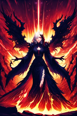 Elizabeth, white hair,hair_over_eye ,lips, ruler of hell, black wings,darkness wings,wings,demon wings,stands as a malevolent dictator, her long hair flowing like darkness itself, gradient from white to dark, framing her cold gaze. Her elaborate gown, adorned with sinister symbols and glowing red accents, reflects her dominance and cruelty. The background features a hellish landscape: rivers of lava, jagged rocks, tormented souls, and dark clouds with lightning. Eerie, red and black glows illuminate the scene, capturing the dark and oppressive atmosphere of her dominion.,shadow