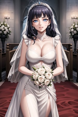 ((best quality)), ((highly detailed)), masterpiece, ((official art)), detailed face, beautiful face, (detailed eyes, deep eyes), seductive posing, (cowboy shot), Himawari, blunt bangs, facial mark, black hair (masterpiece, high quality:1.5), (8K, HDR), (bride:1.3),
1girl, solo, looking at viewer, relaxed expression, pronounced  long faded eyebrows, soft makeup, gradient lips, hourglass figure, long fingers,  realistic illustration, (soothing tones: 1.3), (super detailed: 1.2), aabelfast, french braid, tiara, bridal veil, earrings, , (sexy lace wedding dress:1.3), white gloves, bridal bouquet, church, standing, cowboy shot, smile, ,Mogyutto Maid,Himawari