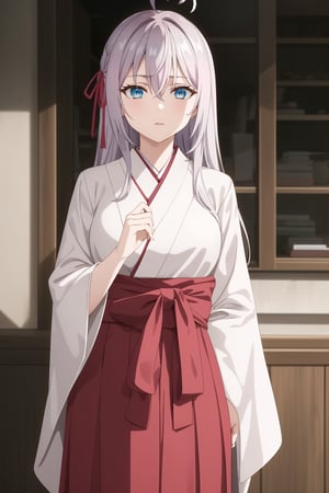  (best quality), (highly detailed), masterpiece, (official art), 1girl, solo, alya, long hair, grey hair, blue eyes, hair between eyes, hair ribbon, ahoge , beautiful girl, red miko hakama, white kimono