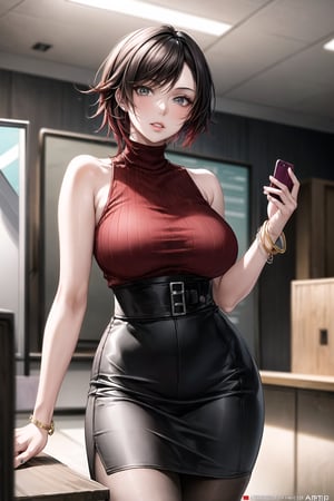 ((best quality)),  ((highly detailed)),  masterpiece,  ((official art)), (ruby rose), lips, sleeveless, bare shoulders, figure, turtleneck sweater, black pencil skirt, office, lady office, print skirt, floral print, high-waist skirt, shirt_tucked_in, building, bracelet, parted lips, cellphone picture, indoors, intricately detailed, hyperdetailed, blurry background, depth of field, best quality, masterpiece, intricate details, tonemapping, sharp focus, hyper detailed, trending on Artstation, 1 girl, high res, official art,
