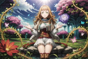 1girl, mimosa_vermillion, orange hair, long wavy hair, green eyes, red earrings, turtleneck sweater, corset, capelet, red cape, thighhighs, thigh boots, sitting on a stone, surrounded by blooming flowers, clear sky, plants growing under her touch, large colorful leaves and vines forming a throne, midday sun, bright natural lighting, smiling softly, magic energy radiating from her hands, petals floating in the air around her, butterflies gathering near her, peaceful nature atmosphere, GFX effects: vibrant floral aura, glowing petals, magic vines glowing softly, lens flare from the sun, energetic magical swirls, gentle wind stirring the flowers, bright and serene, powerful contrast between magic and nature
