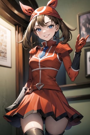 (best quality), (highly detailed), masterpiece, (official art), may, bandana, hairband, medium hair, bow hairband, sleeveless, red bandana, (team flare:1.2), gloves,juliet_sleeves, long_sleeves , pleated skirt, thighhighs, thigh boots, dress, belt, red dress, pantyhose, (lips), grin, smirk, (seductive pose), cowboy shot, looking at viewer, indoors, blurry background,depth of field, best quality, masterpiece, intricate details, tonemapping, sharp focus, hyper detailed, trending on Artstation,