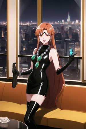 (best quality), (highly detailed), masterpiece, (official art), asuna yuuki, long hair, orange hair, red hair, brown eyes,, lips, smile, lipstick, makeup, evil smile,
((Forehead mark, crescent facial mark, black crystal earrings, jewelry)).  Dark  dress, black latex, black sleeveless dress, turtleneck_dress, short dress, elbow gloves, green gloves, thighhighs, large necklace, ((gemstone necklace:1.2)), standing,
Modern luxury lounge with dim lighting, featuring sleek black leather sofas, glass tables, and soft ambient lighting from wall sconces. A large window in the background reveals a city skyline at night, adding a touch of sophistication to the scene,