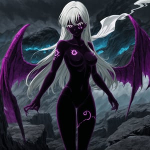 (tattoo,facial mark,aura,glowing,bodypaint,smoke,dark aura:1.2),1girl,long hair,medium breasts,black hair,angry,purple eyes,wings,claws,looking at viewer,nude,censored,armor,convenient censoring,Elizabeth, black hair, lips, ruler of hell, stands as a malevolent dictator, her long hair flowing like darkness itself, gradient from white to dark, framing her cold gaze. Her elaborate gown, adorned with sinister symbols and glowing red accents, reflects her dominance and cruelty. The background features a hellish landscape: rivers of lava, jagged rocks, tormented souls, and dark clouds with lightning. Eerie, red and black glows illuminate the scene, capturing the dark and oppressive atmosphere of her dominion.