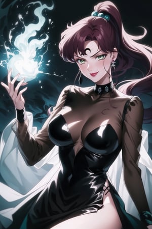 (best quality), (highly detailed), masterpiece, (official art), hmjupiter, green eyes, ponytail, brown hair, makeup, ((forehead mark, crescent facial mark, black crystal earrings)), aged up, evil smile, lips, lipstick, posing, anime coloring, ((black dress, long sleeves, see-through)), pink dress, side slit, A dark and mysterious female character inspired by the style of classic anime. She has an evil face with an evil smile, giving her an imposing and intimidating presence. The overall atmosphere is dark and mysterious, with a sense of power and control emanating from her posture.