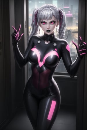 ((Best quality)), masterpiece, realistic illustration of a villainous noelle_silva, silver hair, twintails, blunt bangs:1.2, jewelry. She has glowing pink eyes and red eyes, ,with hoop earrings and black lipstick. Realistic illustration of a villainous ,neon ligth,black supersuit,  cyberpunk,dancing, dance, red eyes, black lipstick, hoop earring, neon suit, high quality, realism, detailed, city lights casting dramatic shadows, fierce and intense gaze, sleek design, professional, atmospheric lighting, villainous twist, ultra realistic, cinematic, octane render, photo realistic, detailed, hyper realism, with neon city lights casting dramatic shadows through the windows, creating an atmospheric lighting. 
The cityscape outside is detailed, with glowing signs and bustling streets. Her fierce and intense gaze, combined with the sleek design of her outfit, gives her a professional yet villainous twist. The scene is ultra-realistic, cinematic, with octane render and photo-realistic details, capturing the essence of hyper realism.,b1mb0,makeup,